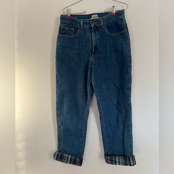 Vintage L.L. Bean Blanket Flannel Lined Plaid Relaxed Fit Denim Jeans, Size 10MT - Picture 1 of 5